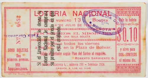 Billete N° 13 de la Lotería Nacional