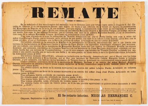 Hernández, Nicolás : Cartel de remate judicial de propiedad