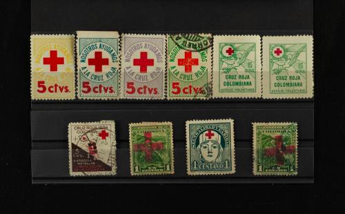 Selección de 10 Estampillas Escasas de la Cruz Roja Colombi