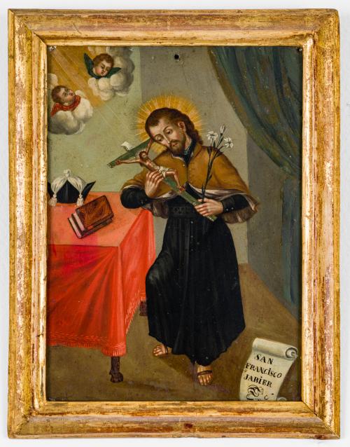 Pareja de pinturas devocionales con San Francisco Javier y