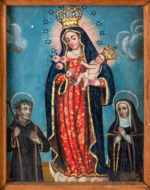 Virgen de Copacabana (anverso); Virgen con el niño entre Sa