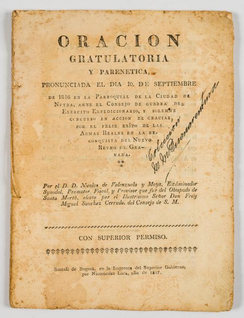 Valenzuela y Moya, Nicolás de : Oración gratulatoria y pare