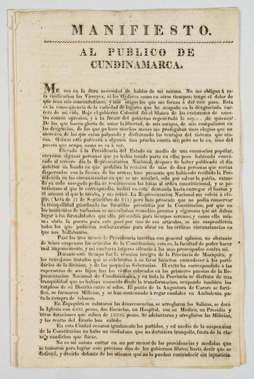 Nariño, Antonio : Manifiesto al público de Cundinamarca