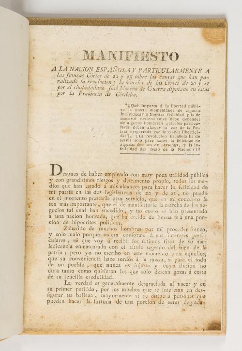 Moreno de Guerra, Jose : Manifiesto a la nación española y 