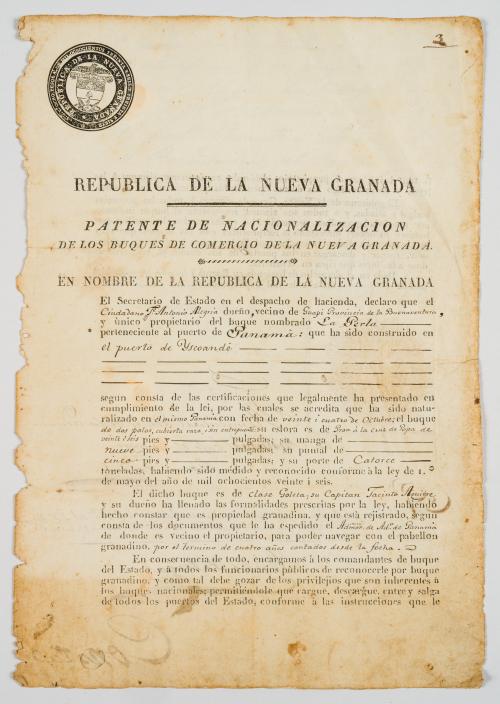 República de la Nueva Granada : Patente de nacionalización 