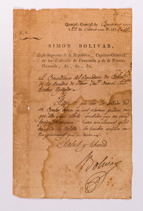 Bolívar, Simón : Orden de Bolívar al comandante Teodoro Fig