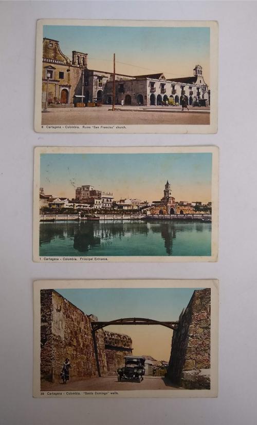 Lote de 3 postales de Cartagena coloreadas