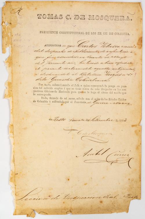 Documento firmado por el presidente Tomas Cipriano de Mosqu