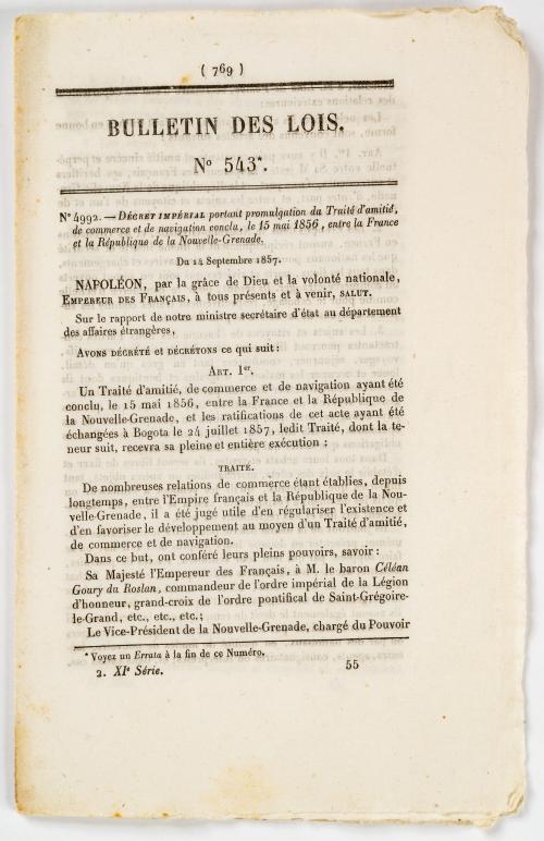 Napoleon III : Décret Impérial portant promulgation du Trai